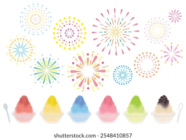 Illustration set of various shaved ice and fireworks