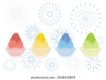 Illustration set of various shaved ice and fireworks