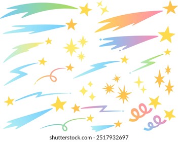 Illustration set of various shooting stars in colorful gradation colors