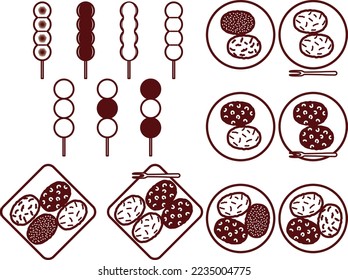 Illustration set of various skewered dumplings and ohagi