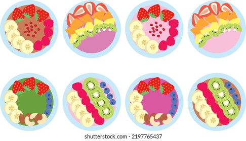 Illustration set of various smoothie bowls