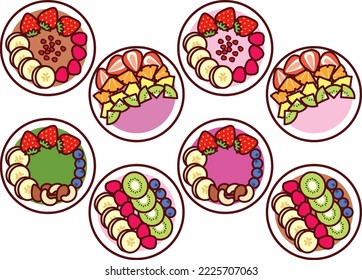 Illustration set of various smoothie bowls