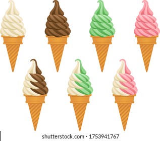 Illustration set of various soft serve ice cream (vanilla, chocolate, matcha, strawberry, mixed flavors)