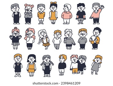 Illustration set of various standing children, comical hand-drawn figures, vector, color on line drawing.