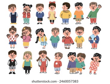 Illustration set of various standing children, comical hand-drawn figures, vector, color on line drawing.