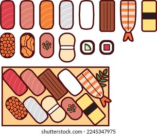 Illustration set of various sushi