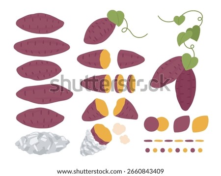 Illustration set of various sweet potatoes and baked goods
