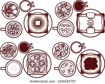 Illustration set of various toasts and salads