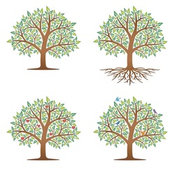 Illustration Set Of Various Trees Such As Fruits, Small Birds, And Stretched Roots