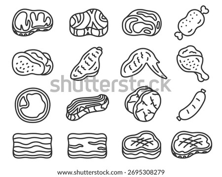 Illustration set of various types of meat icons (line drawings).