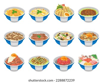 Illustration set of various types of rice bowl dishes.