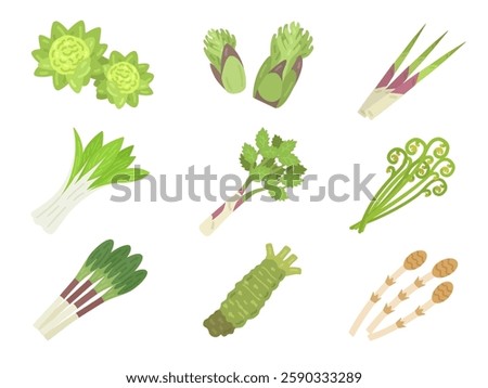 An illustration set of various types of wild vegetables.