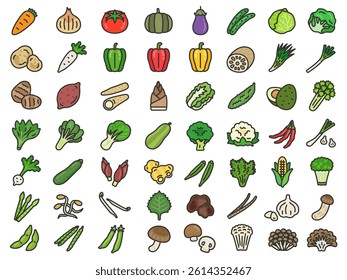 An illustration set of various vegetable icons (line drawing color).