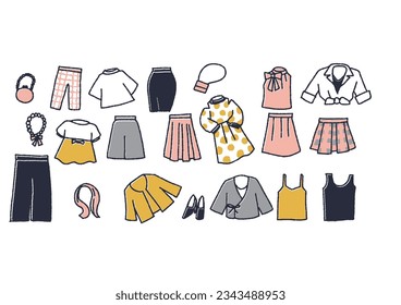 Illustration set of various women's fashion clothes and accessories
