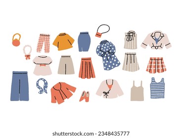 Illustration set of various women's fashion clothes and accessories
