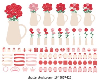 Illustration set of vases with carnations and roses. Flowers for Mother's Day.