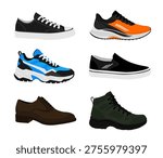 Illustration set, vector bundle featuring men and women shoe, sneakers, casual, running, athletic, slip on, formal loafers, and outdoor adventure, in a flat design