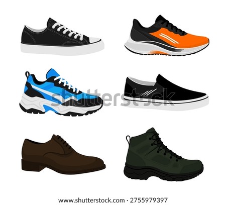 Illustration set, vector bundle featuring men and women shoe, sneakers, casual, running, athletic, slip on, formal loafers, and outdoor adventure, in a flat design