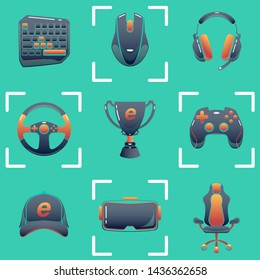 Illustration of set of vector icons for gaming e-sports equipment in black and orange on a green background with decorative elements.