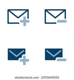 Illustration set of vector icons with plus and minus signs on mail icons. 4 icons illustration.