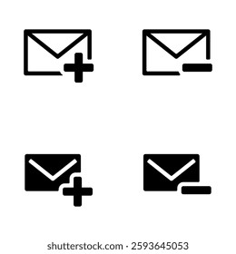 Illustration set of vector icons with plus and minus signs on mail icons. 4 icons illustration.