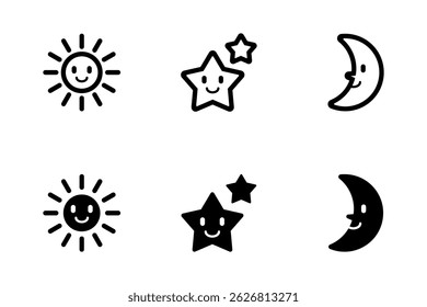 Illustration set of vector icons of smiling sun, star and moon characters. Set of 6 icons.