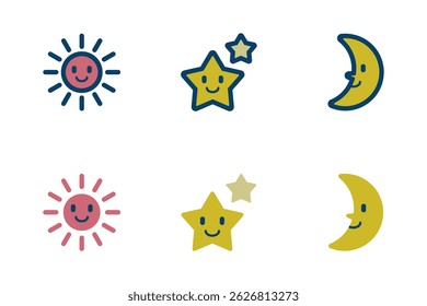 Illustration set of vector icons of smiling sun, star and moon characters. Set of 6 icons.