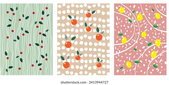 An Illustration of A Set of Vector Patterns with Fruits and Leaves In Flat Colors