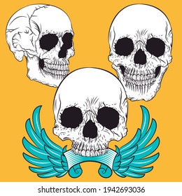 Illustration set vector skull tattoo with ribbon and wings in tattoo style and background