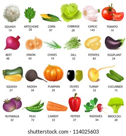 illustration set vegetable with calories on white