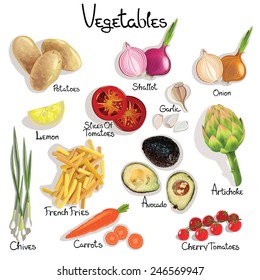 Illustration set vegetable with calories on white. Vegetables set. Vector illustration