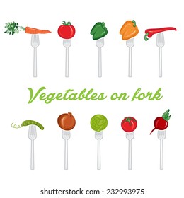 Illustration set of vegetables on fork. vector