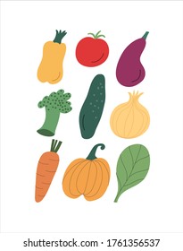 Illustration set of vegetables in vector. Veggies in minimalist style. Pepper, tomato, cucumber, pumpkin, broccoli, spinach. Healthy food.