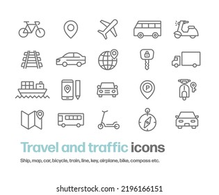 Conjunto de ilustraciones de vehículos como coches y bicicletas e iconos relacionados con el transporte como pistas, mapas y brújulas