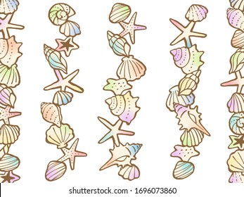 Illustration set of vertical lines and frames with sea shells and starfish (milky and rainbow colors)