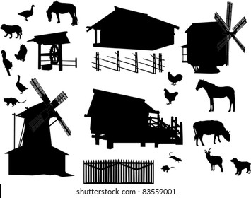 illustration with set of village buildings and animals isolated on white background