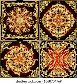 Illustration set of vintage backgrounds with gold ornaments and precious stones