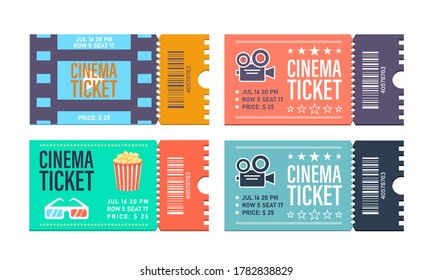 Illustration of a set of vintage cinema tickets. Popcorn, 3D glasses, old movie camera and film strip.