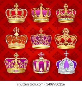 Illustration of a set of vintage crowns with precious stones