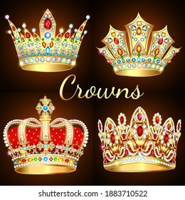 Illustration of a set of vintage crowns with precious stones