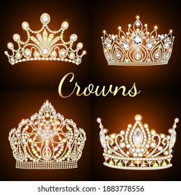 Illustration of a set of vintage crowns with precious stones