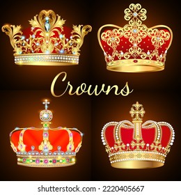 Illustration of a set of vintage crowns with precious stones