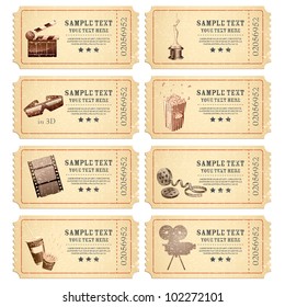 illustration of set of vintage movie ticket with different film related object