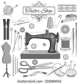 illustration of set of vintage sewing and tailor object