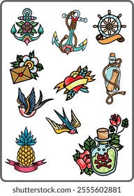 Illustration set of vintage tattoo flash vector