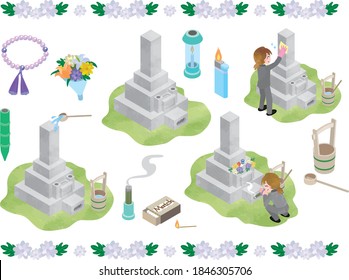 Illustration set for visiting Japanese graves