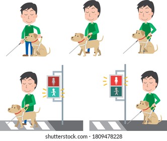 Illustration set of visually impaired person with guide dog