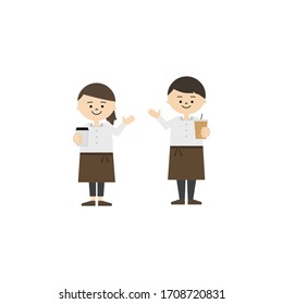 Illustration set of waiter and waitress holding a take-away coffee cup.