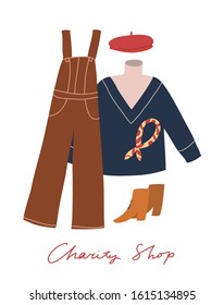 Illustration set with wardrobe items in vector. Depiction of trendy modern clothing. Hand drawn lettering. Charity Shop inscription. Jumpsuit, sweater, boots, beret, neck scarf.