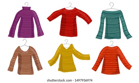 Illustration of a set of warm clothes with an ornament. Knitted sweaters in vector for fashion magazines and shops.